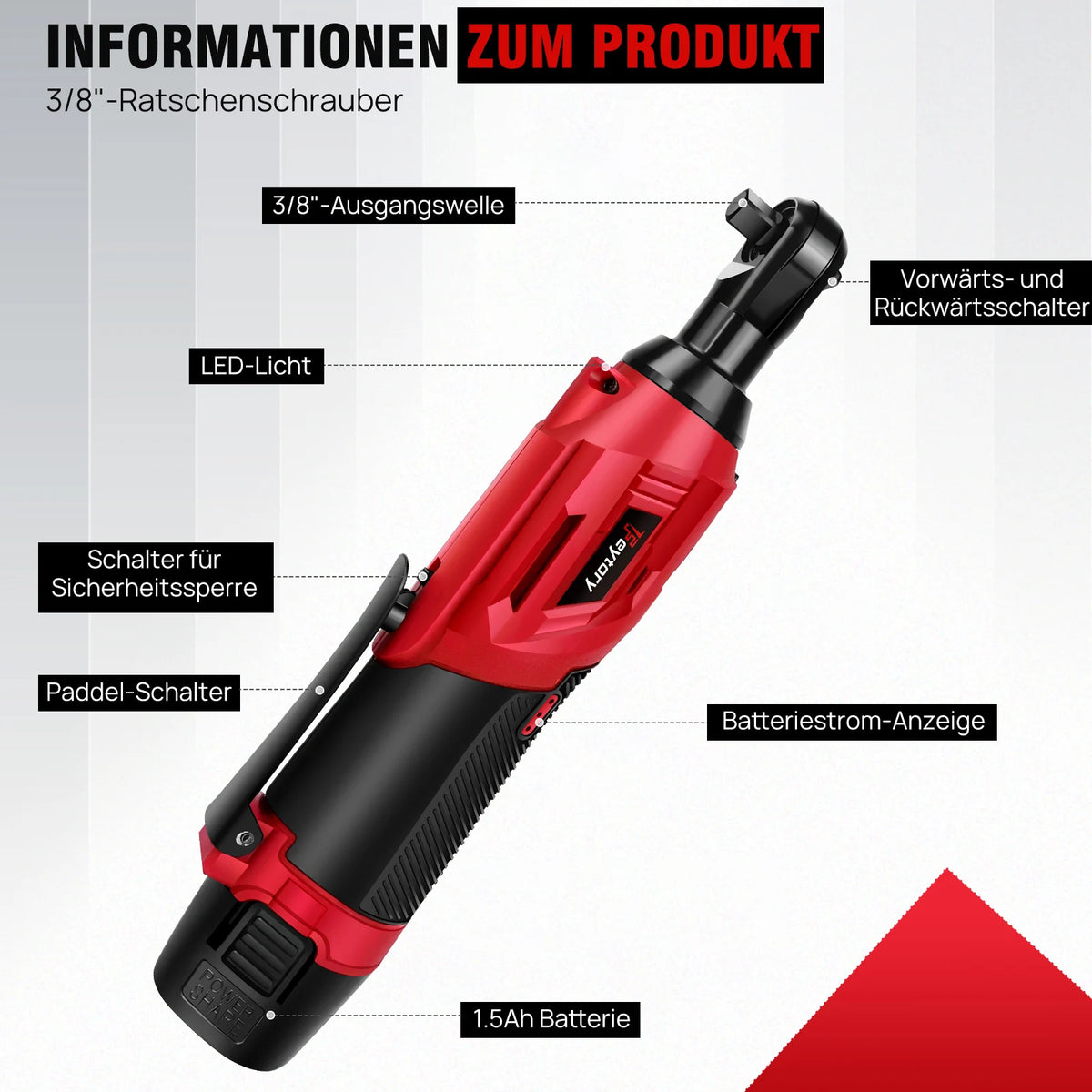 12V High-Torque 90°Cordless Electric Ratchet Wrench Set 3/8'' Angle Wrench with 2Durable 1500mAh Lithium-Ion Batteries,7 Sockets