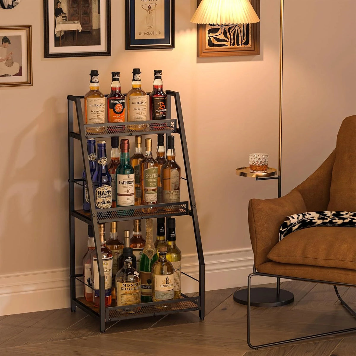 Wooden Wine Rack, Multi-Layer Storage Shelf, Kitchen Condiment Organizer, Floor-Standing Single-Side Trapezoid Wine Rack
