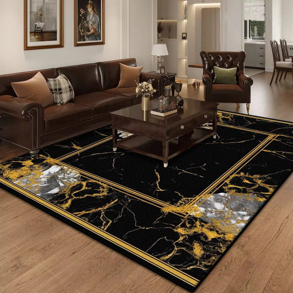 Marble Luxury Carpet for Living Room Decorations Sofa Table Large Area Rugs Black Gold Long Hallway Floor Mat Anti-slip Doormat