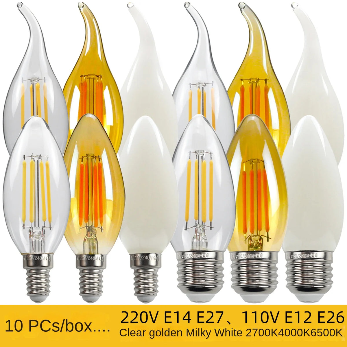 10PCS C35 Candle Bulb 4W 6W Dimmable Led Filament 220V 110V E12 E14 E27 Candelabra Base Flame Shape Lamps For Chandelier Light