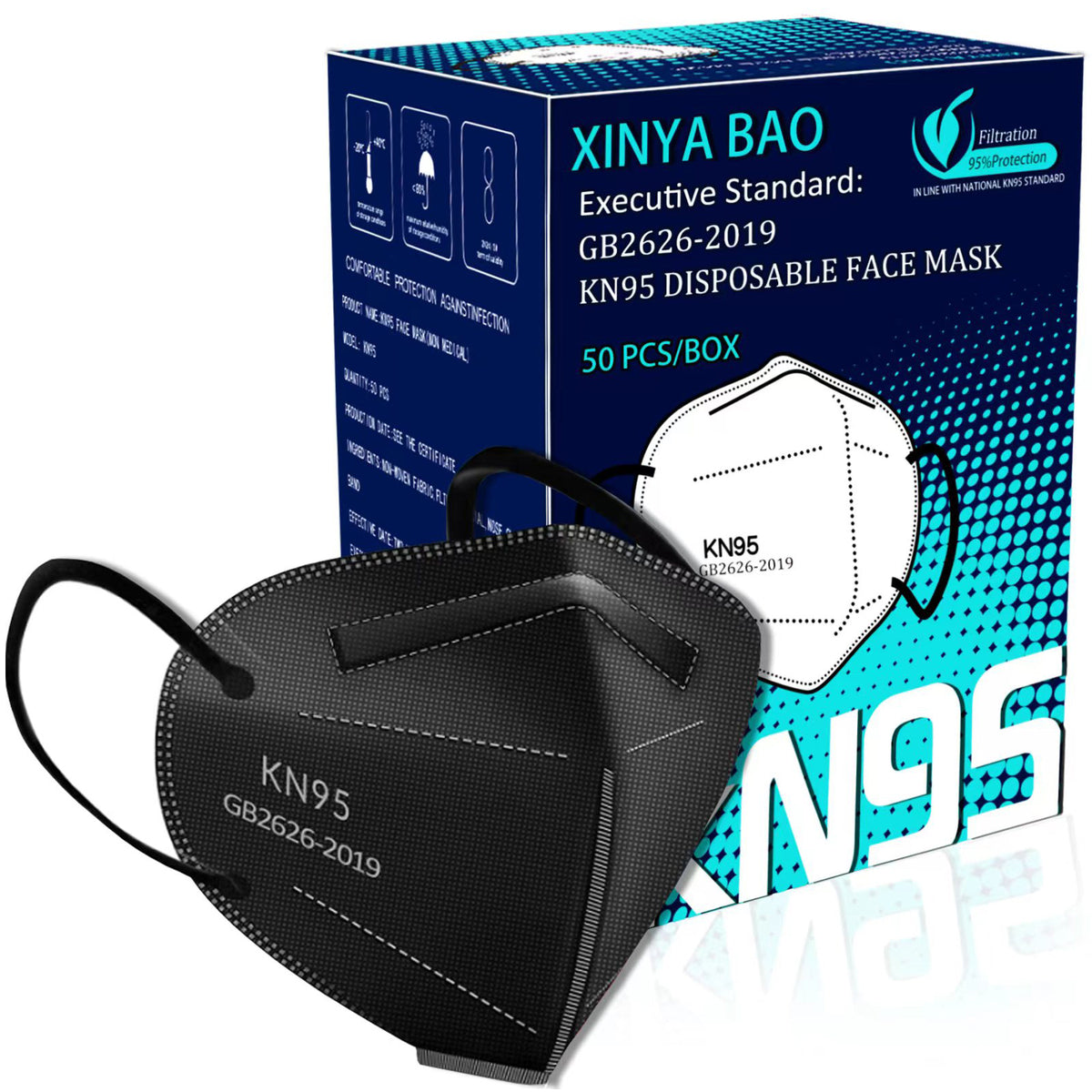50pcs A Pack KN95 Face Masks, Breathable Comfortabl, Adults Black KN95 Masks, 5-ply Breathable Safety Masks Against PM2.5, Filter Efficiency Over 95%